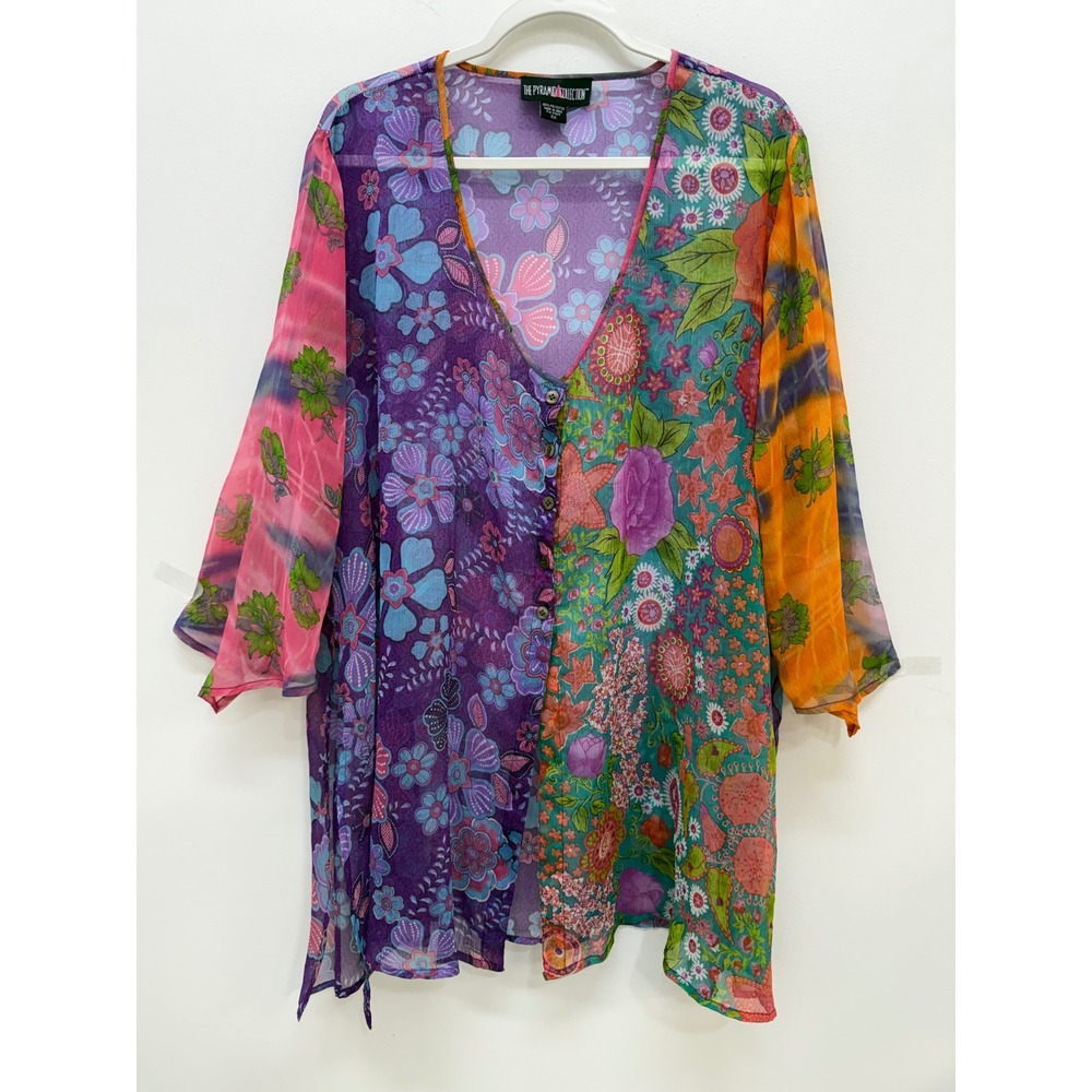 The Pyramid Collection Tunic Top 2X Multicolor Sheer Floral Patchwork Boho